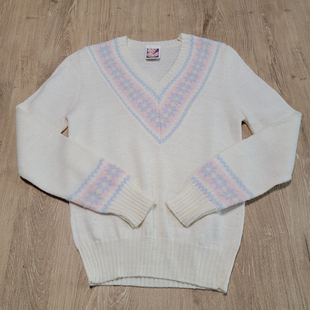 VTG‎ 70s Offspring Wool Blend Sweater Academia V Neck Fair Isle Coquette Preppy